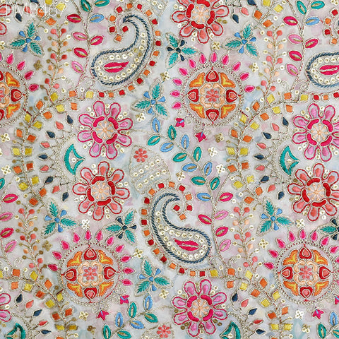 Ivory Embroidered Georgette Fabric by Yard Indian Embroidery Sewing Curtain DIY Crafting Summer Women Dress Material Drapery Home Decor