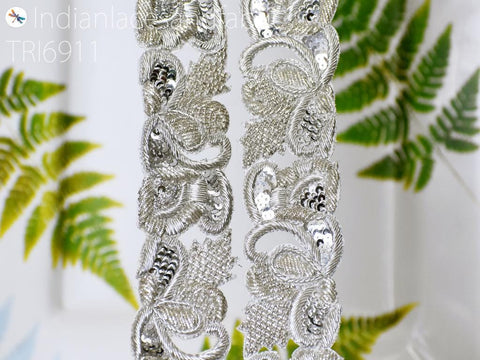 2.5 Yard Handmade Zardozi Silver Trim Sari Border Wedding Dress Belt Sash Ribbon Saree Indian Crafting Lace Costume Embellishments Supplies