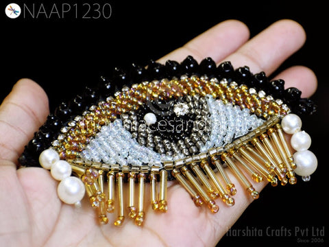 Handmade Zari Appliques Decorative Beaded Patch Designer Appliques Evil Eyes with eyelashes Applique Sequence Patches