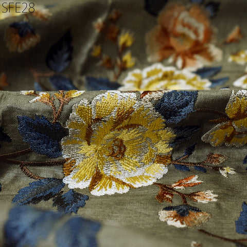 Pure Tussar Silk Embroidered Fabric by the yard Indian Embroidery Raw Silk Wild Natural Handmade Fabric Peace Silk Tussah Dress Material