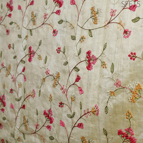 Pure Tussar Silk Embroidered Fabric by the yard Indian Embroidery Raw Silk Wild Natural Handmade Fabric Peace Silk Tussah Dress Material