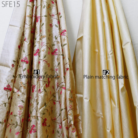 Pure Tussar Silk Embroidered Fabric by the yard Indian Embroidery Raw Silk Wild Natural Handmade Fabric Peace Silk Tussah Dress Material