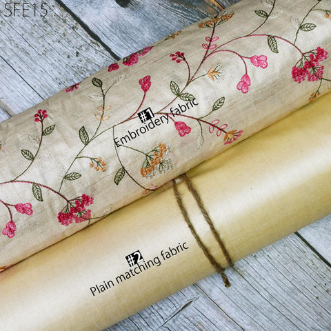 Pure Tussar Silk Embroidered Fabric by the yard Indian Embroidery Raw Silk Wild Natural Handmade Fabric Peace Silk Tussah Dress Material