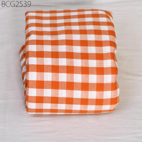 Orange Check Ikat Cotton Fabric: Indian Handwoven, Soft Medium-Weight (1 Yard)