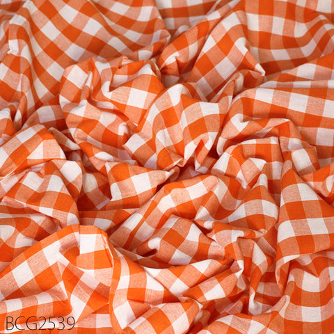 Orange Check Ikat Cotton Fabric: Indian Handwoven, Soft Medium-Weight (1 Yard)