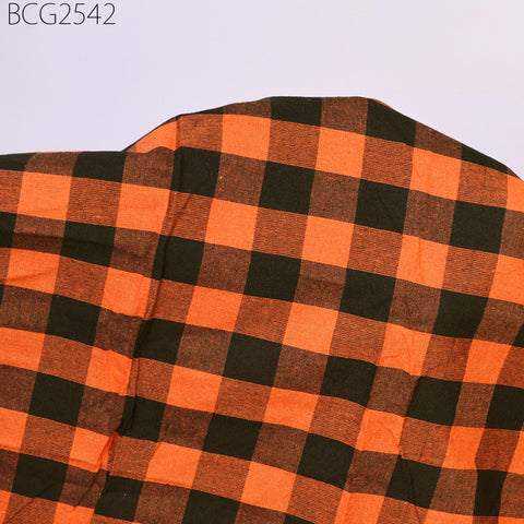 Indian Handwoven Ikat Cotton Fabric: Orange Check Pattern (1 Yard) 140gsm