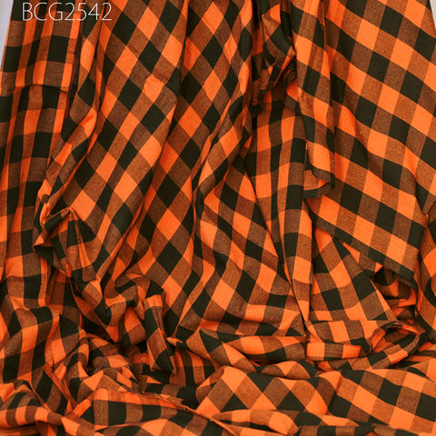 Indian Handwoven Ikat Cotton Fabric: Orange Check Pattern (1 Yard) 140gsm