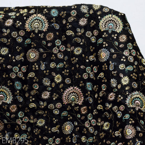 Indian Black Embroidered Dupioni Fabric by the Yard Black Sewing Crafting Wedding Dresses Costumes Bags Cushions Table Runners Upholstery