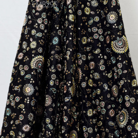 Indian Black Embroidered Dupioni Fabric by the Yard Black Sewing Crafting Wedding Dresses Costumes Bags Cushions Table Runners Upholstery