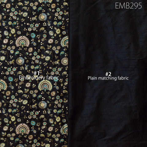 Indian Black Embroidered Dupioni Fabric by the Yard Black Sewing Crafting Wedding Dresses Costumes Bags Cushions Table Runners Upholstery