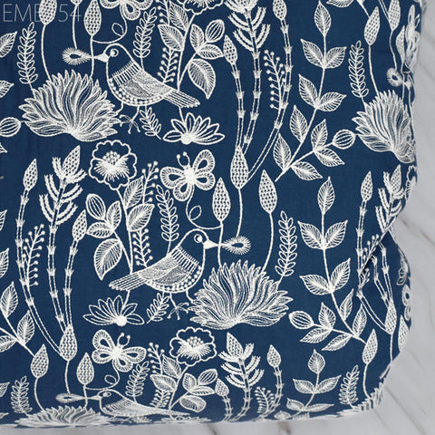 Blue Embroidered Cotton Fabric by Yard Indian Embroidery Sewing DIY Crafting Women Summer Dresses Costumes Tote Bag Home Decor Curtains