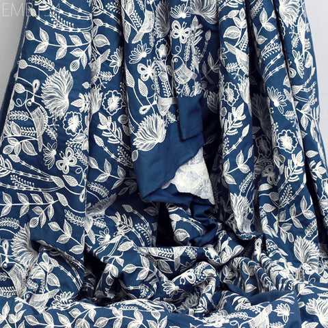 Blue Embroidered Cotton Fabric by Yard Indian Embroidery Sewing DIY Crafting Women Summer Dresses Costumes Tote Bag Home Decor Curtains