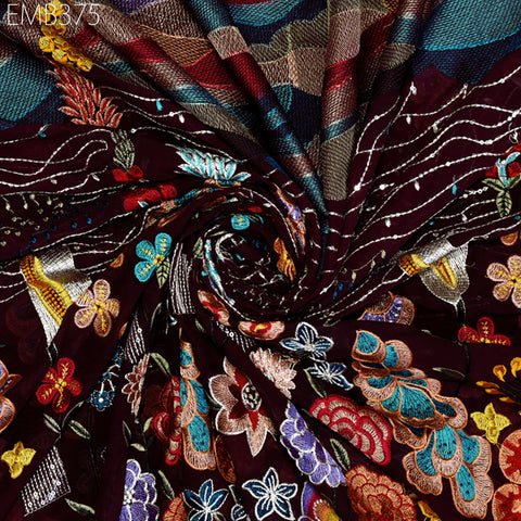 54'' Indian Embroidered Fabric by the Yard Multicolor Georgette Embroidery Sewing Curtain Crafting Women Dresses Material Drapery Home Decor