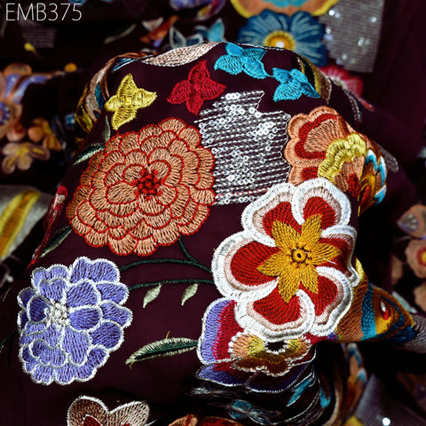 54'' Indian Embroidered Fabric by the Yard Multicolor Georgette Embroidery Sewing Curtain Crafting Women Dresses Material Drapery Home Decor