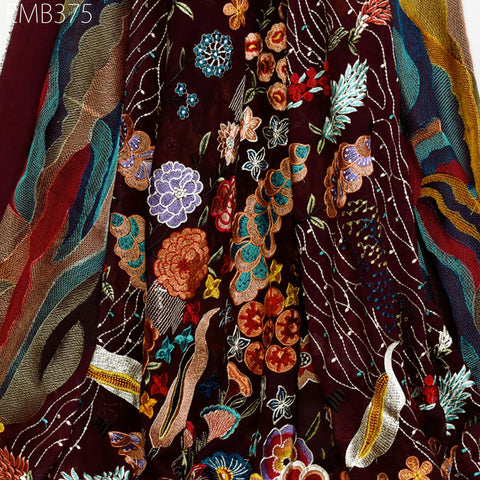 54'' Indian Embroidered Fabric by the Yard Multicolor Georgette Embroidery Sewing Curtain Crafting Women Dresses Material Drapery Home Decor