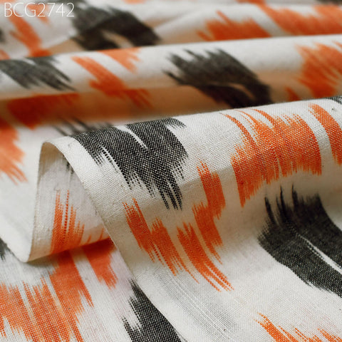 Handloom Indian Ikat Cotton Fabric: Orange, Black, Ivory 100 GSM (Sold by Yard)
