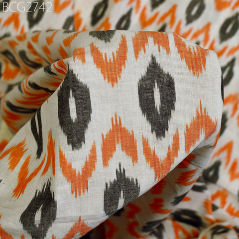 Handloom Indian Ikat Cotton Fabric: Orange, Black, Ivory 100 GSM (Sold by Yard)