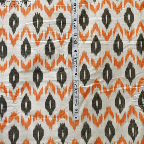 Handloom Indian Ikat Cotton Fabric: Orange, Black, Ivory 100 GSM (Sold by Yard)
