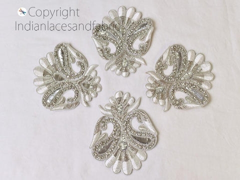 8 Pc Handmade Silver Patch- 4 Inch, Indian Sew on Gold Embroidery Rhinestone Decorative Floral Handcraft Appliques Denim Dress Craft Supply