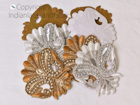 8 Pc Handmade Silver Patch- 4 Inch, Indian Sew on Gold Embroidery Rhinestone Decorative Floral Handcraft Appliques Denim Dress Craft Supply