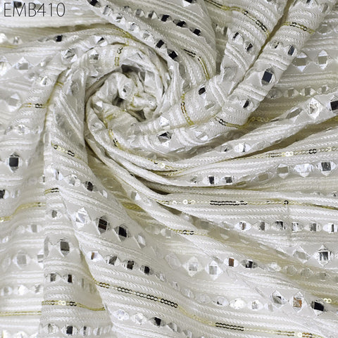 White Indian Embroidered Fabric by the Yard Georgette Embroidery Sewing Curtain DIY Crafting Summer Women Dress Material Drapery Home Decor