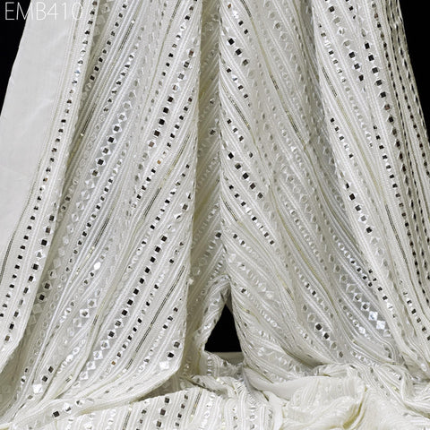 White Indian Embroidered Fabric by the Yard Georgette Embroidery Sewing Curtain DIY Crafting Summer Women Dress Material Drapery Home Decor