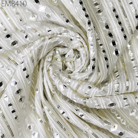 White Indian Embroidered Fabric by the Yard Georgette Embroidery Sewing Curtain DIY Crafting Summer Women Dress Material Drapery Home Decor