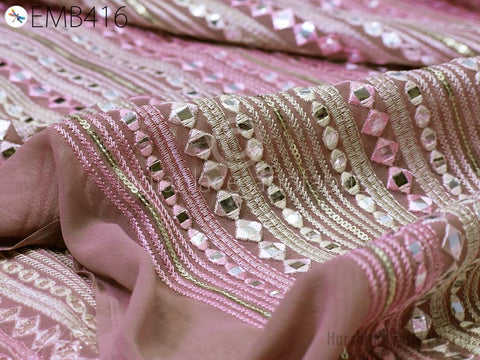 Mauve Indian Embroidered Fabric by the Yard Georgette Embroidery Sewing Curtain DIY Crafting Summer Women Dress Material Drapery Home Decor