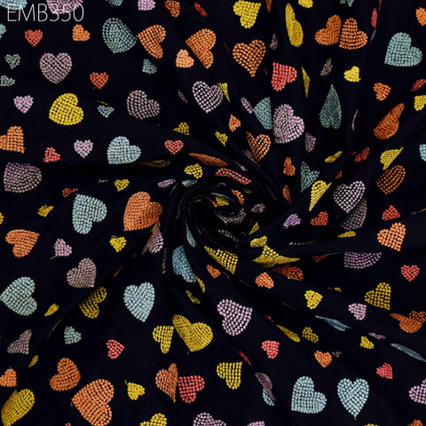 Black Embroidered Cotton Fabric by the Yard Indian Embroidery Sewing DIY Crafting Summer Women Kids Dresses Costumes Doll Bag Home Decor