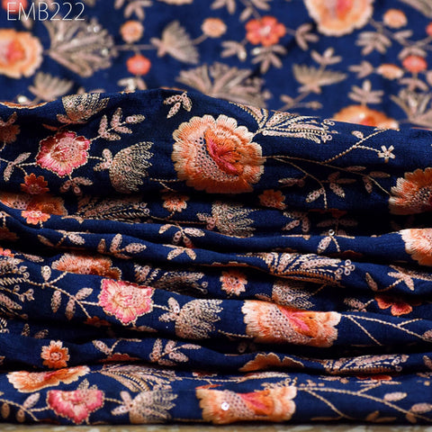 Indian Blue Embroidered Fabric by the yard Sewing DIY Crafting Embroidery Wedding Dresses Fabric Costumes Dolls Cushion Covers Table Runners