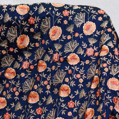 Indian Blue Embroidered Fabric by the yard Sewing DIY Crafting Embroidery Wedding Dresses Fabric Costumes Dolls Cushion Covers Table Runners