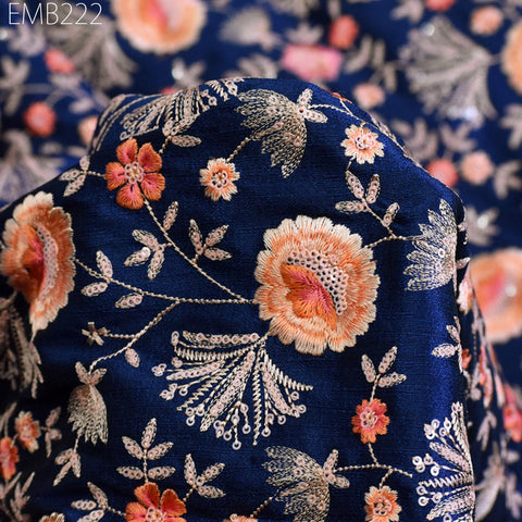 Indian Blue Embroidered Fabric by the yard Sewing DIY Crafting Embroidery Wedding Dresses Fabric Costumes Dolls Cushion Covers Table Runners