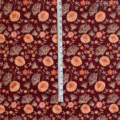 Indian Embroidered Fabric by the yard Sewing DIY Crafting Burgundy Embroidery Wedding Dresses Fabric Costumes Bags Cushion Table Runners