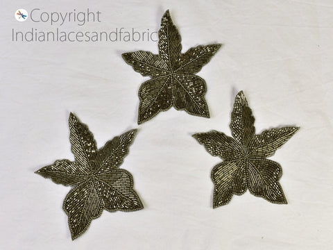 Floral Design Appliques in Grey Beaded Bridal Applique Zardozi Decorative Handmade Patches Sequins Appliques