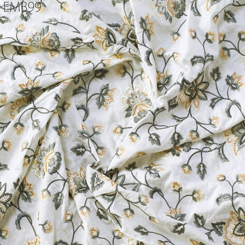 Grey Embroidered Fabric Indian Embroidery Cotton Fabric by the Yard Sewing Fabric DIY Crafting Wedding Dress Costumes Doll Bag Home Decor