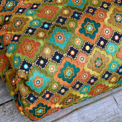 Indian Embroidered Cotton Fabric by the Yard Embroidery Wedding Dress Party Costumes Dolls Bags Cushions Table Runner Sewing DIY Crafting