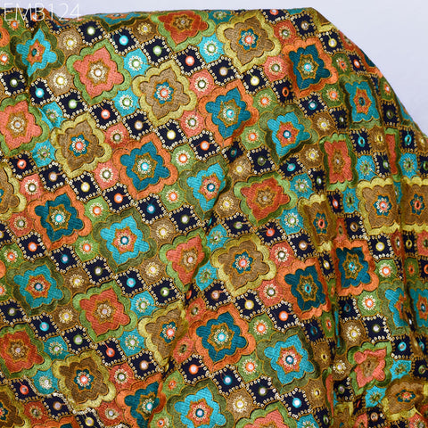 Indian Embroidered Cotton Fabric by the Yard Embroidery Wedding Dress Party Costumes Dolls Bags Cushions Table Runner Sewing DIY Crafting