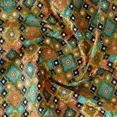 Indian Embroidered Cotton Fabric by the Yard Embroidery Wedding Dress Party Costumes Dolls Bags Cushions Table Runner Sewing DIY Crafting