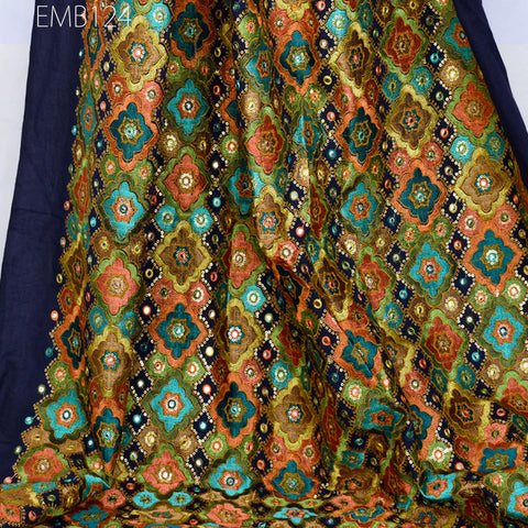 Indian Embroidered Cotton Fabric by the Yard Embroidery Wedding Dress Party Costumes Dolls Bags Cushions Table Runner Sewing DIY Crafting