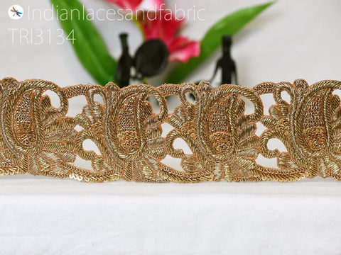 Zardozi Gold Paisley Trim by the Yard Handcrafted Embellishment Indian Saree Border Decorative Lehenga Purse Clutches Christmas DIY Crafting