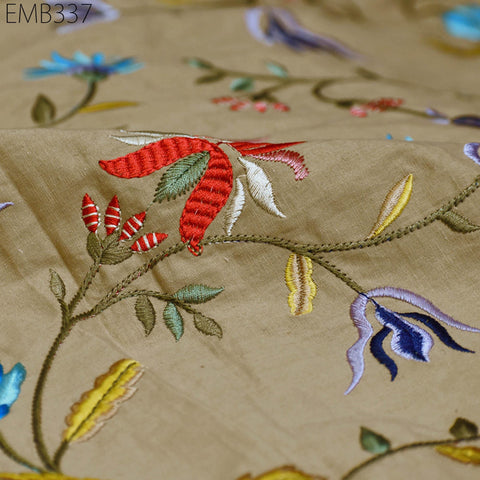 Floral Embroidered Cotton Fabric by the Yard Indian Embroidery Sewing DIY Crafting Women Summer Dresses Costumes Tote Bag Home Decor Curtain