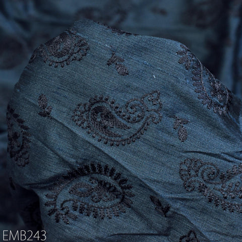Indian Embroidered Paisley Grey Dupioni Fabric by the Yard Sewing Crafting Wedding Dresses Costumes Dolls Bags Cushion Covers Table Runners