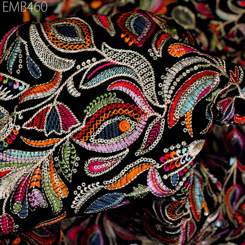 Black Indian Embroidered Velvet Fabric by the yard Sewing DIY Crafting Wedding Dress Costumes Doll Bags Cushion Covers Table Runner Quilting