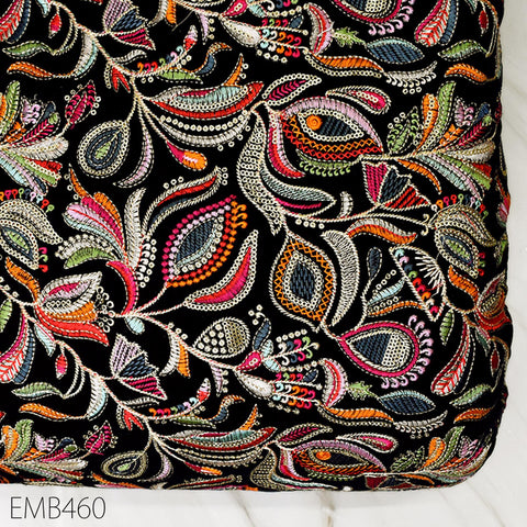 Black Indian Embroidered Velvet Fabric by the yard Sewing DIY Crafting Wedding Dress Costumes Doll Bags Cushion Covers Table Runner Quilting
