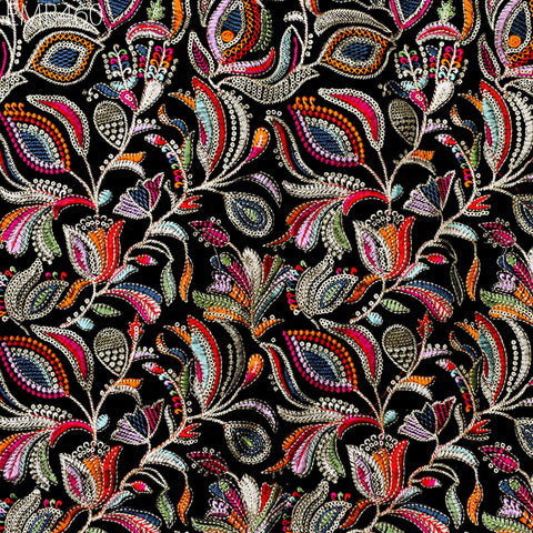 Black Indian Embroidered Velvet Fabric by the yard Sewing DIY Crafting Wedding Dress Costumes Doll Bags Cushion Covers Table Runner Quilting