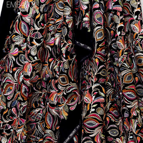Black Indian Embroidered Velvet Fabric by the yard Sewing DIY Crafting Wedding Dress Costumes Doll Bags Cushion Covers Table Runner Quilting
