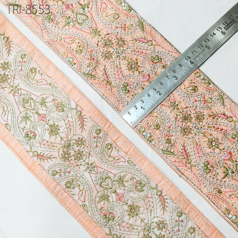 3 Yard Peach Embroidered 10 Cm Trim Indian Embroidery Ribbons Laces Sari Border Saree DIY Crafting Beach Bag Decorative Fabric Trimming Tape