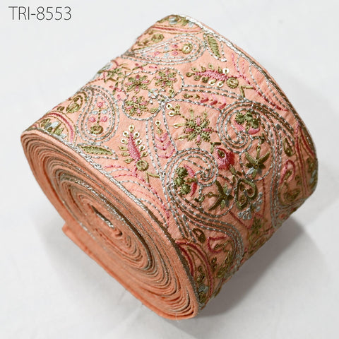 3 Yard Peach Embroidered 10 Cm Trim Indian Embroidery Ribbons Laces Sari Border Saree DIY Crafting Beach Bag Decorative Fabric Trimming Tape