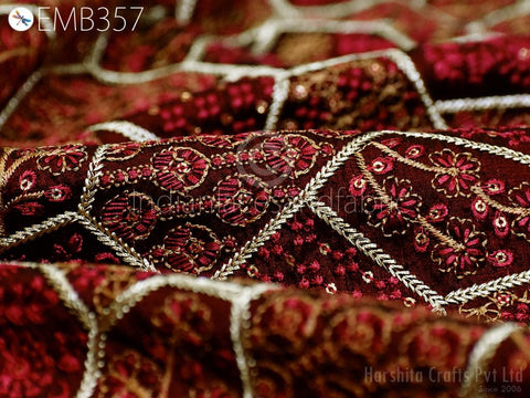 Indian Maroon Sequins Embroidery Fabric by the yard Sewing DIY Crafting Wedding Dresses Costumes Dolls Bags Cushion Covers Table Runners