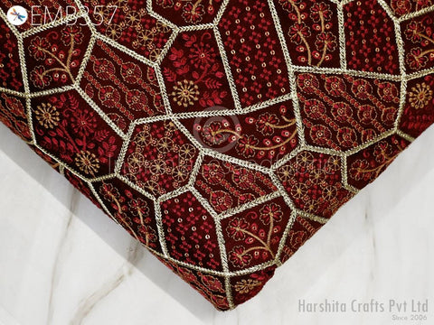 Indian Maroon Sequins Embroidery Fabric by the yard Sewing DIY Crafting Wedding Dresses Costumes Dolls Bags Cushion Covers Table Runners